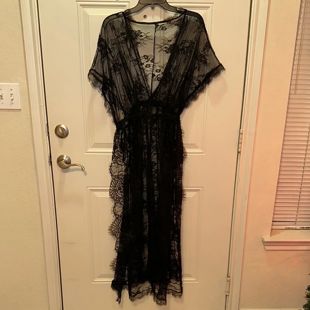 Vvbehot Sheer Black Lace Robe‎ with Deep V-Neck and Flowing Design